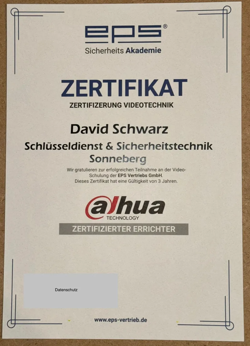 Zertifikat Dahua Videotechnik für David Schwarz